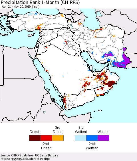 Middle East and Turkey Precipitation Rank since 1981, 1-Month (CHIRPS) Thematic Map For 4/21/2019 - 5/20/2019