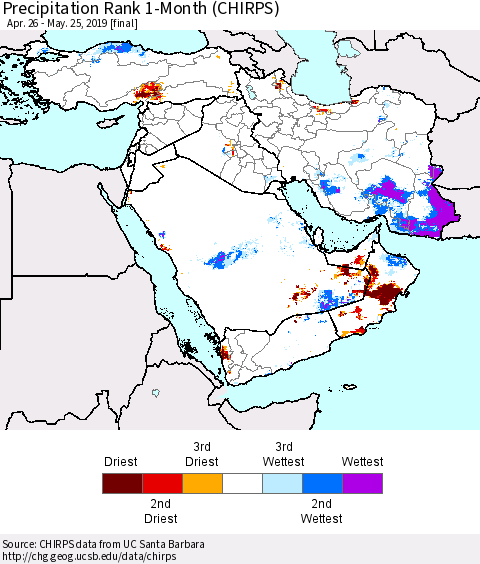 Middle East and Turkey Precipitation Rank since 1981, 1-Month (CHIRPS) Thematic Map For 4/26/2019 - 5/25/2019