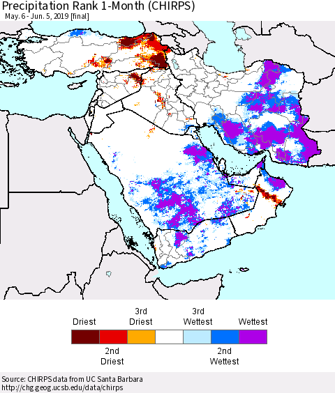 Middle East and Turkey Precipitation Rank since 1981, 1-Month (CHIRPS) Thematic Map For 5/6/2019 - 6/5/2019