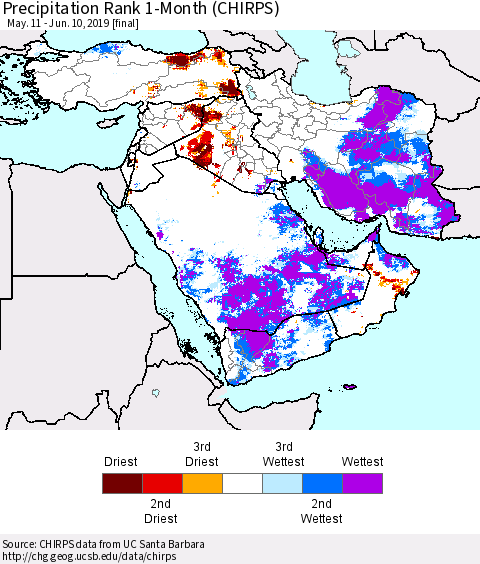 Middle East and Turkey Precipitation Rank since 1981, 1-Month (CHIRPS) Thematic Map For 5/11/2019 - 6/10/2019