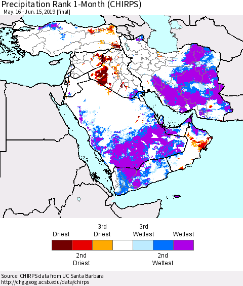 Middle East and Turkey Precipitation Rank since 1981, 1-Month (CHIRPS) Thematic Map For 5/16/2019 - 6/15/2019