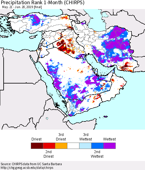 Middle East and Turkey Precipitation Rank since 1981, 1-Month (CHIRPS) Thematic Map For 5/21/2019 - 6/20/2019