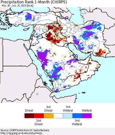 Middle East and Turkey Precipitation Rank since 1981, 1-Month (CHIRPS) Thematic Map For 5/26/2019 - 6/25/2019