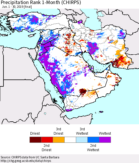 Middle East and Turkey Precipitation Rank since 1981, 1-Month (CHIRPS) Thematic Map For 6/1/2019 - 6/30/2019