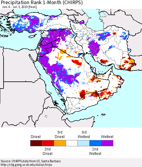Middle East and Turkey Precipitation Rank since 1981, 1-Month (CHIRPS) Thematic Map For 6/6/2019 - 7/5/2019