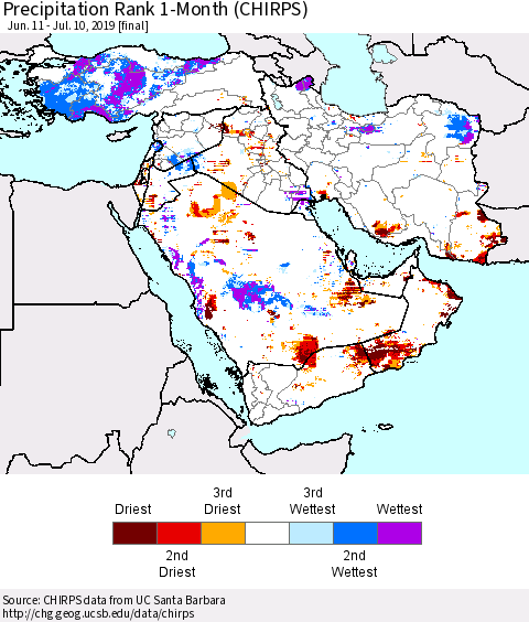 Middle East and Turkey Precipitation Rank since 1981, 1-Month (CHIRPS) Thematic Map For 6/11/2019 - 7/10/2019