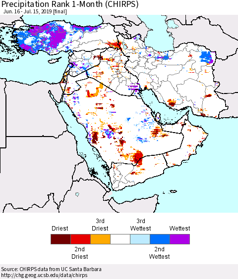 Middle East and Turkey Precipitation Rank since 1981, 1-Month (CHIRPS) Thematic Map For 6/16/2019 - 7/15/2019