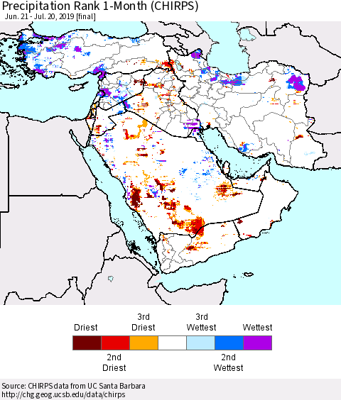 Middle East and Turkey Precipitation Rank since 1981, 1-Month (CHIRPS) Thematic Map For 6/21/2019 - 7/20/2019