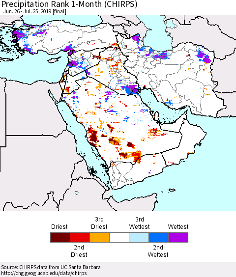Middle East and Turkey Precipitation Rank since 1981, 1-Month (CHIRPS) Thematic Map For 6/26/2019 - 7/25/2019