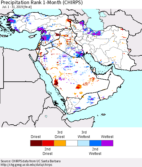 Middle East and Turkey Precipitation Rank since 1981, 1-Month (CHIRPS) Thematic Map For 7/1/2019 - 7/31/2019