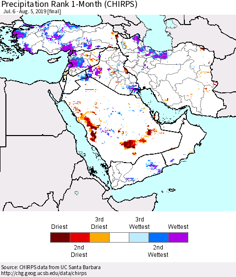 Middle East and Turkey Precipitation Rank since 1981, 1-Month (CHIRPS) Thematic Map For 7/6/2019 - 8/5/2019