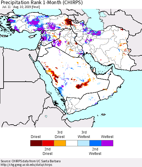 Middle East and Turkey Precipitation Rank since 1981, 1-Month (CHIRPS) Thematic Map For 7/11/2019 - 8/10/2019