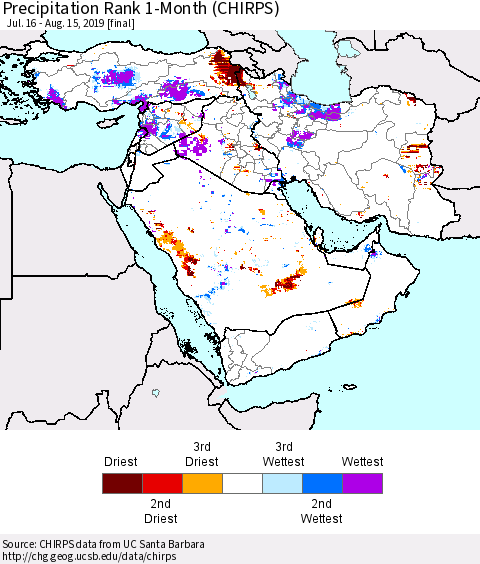 Middle East and Turkey Precipitation Rank since 1981, 1-Month (CHIRPS) Thematic Map For 7/16/2019 - 8/15/2019