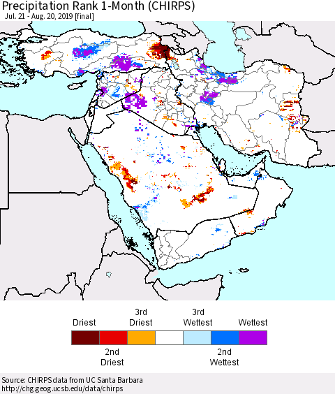 Middle East and Turkey Precipitation Rank since 1981, 1-Month (CHIRPS) Thematic Map For 7/21/2019 - 8/20/2019