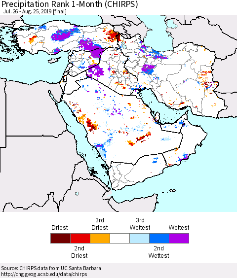 Middle East and Turkey Precipitation Rank since 1981, 1-Month (CHIRPS) Thematic Map For 7/26/2019 - 8/25/2019