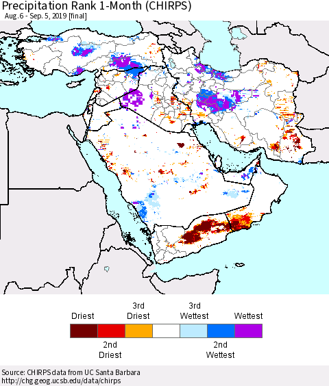Middle East and Turkey Precipitation Rank since 1981, 1-Month (CHIRPS) Thematic Map For 8/6/2019 - 9/5/2019