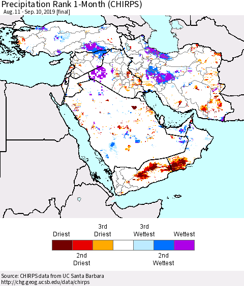 Middle East and Turkey Precipitation Rank since 1981, 1-Month (CHIRPS) Thematic Map For 8/11/2019 - 9/10/2019