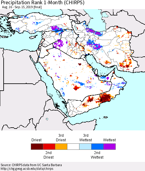 Middle East and Turkey Precipitation Rank since 1981, 1-Month (CHIRPS) Thematic Map For 8/16/2019 - 9/15/2019