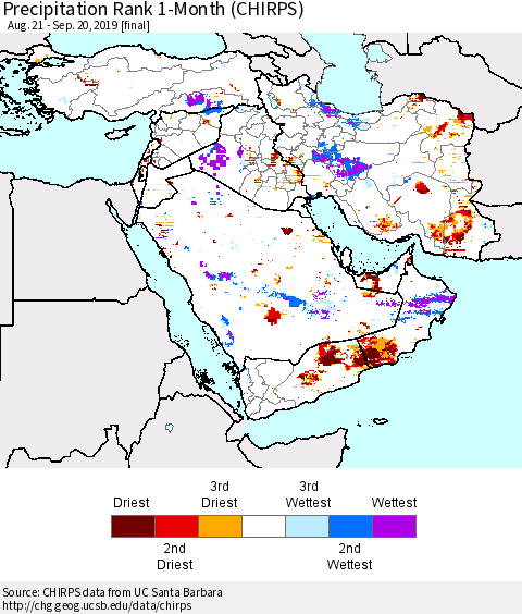 Middle East and Turkey Precipitation Rank since 1981, 1-Month (CHIRPS) Thematic Map For 8/21/2019 - 9/20/2019
