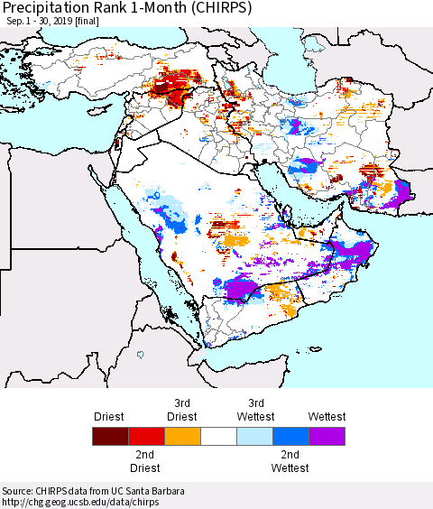 Middle East and Turkey Precipitation Rank since 1981, 1-Month (CHIRPS) Thematic Map For 9/1/2019 - 9/30/2019