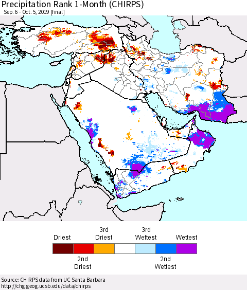 Middle East and Turkey Precipitation Rank since 1981, 1-Month (CHIRPS) Thematic Map For 9/6/2019 - 10/5/2019