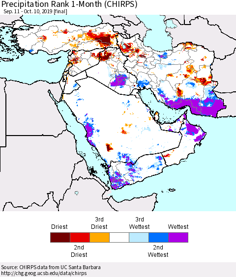 Middle East and Turkey Precipitation Rank since 1981, 1-Month (CHIRPS) Thematic Map For 9/11/2019 - 10/10/2019