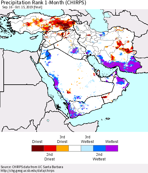 Middle East and Turkey Precipitation Rank since 1981, 1-Month (CHIRPS) Thematic Map For 9/16/2019 - 10/15/2019
