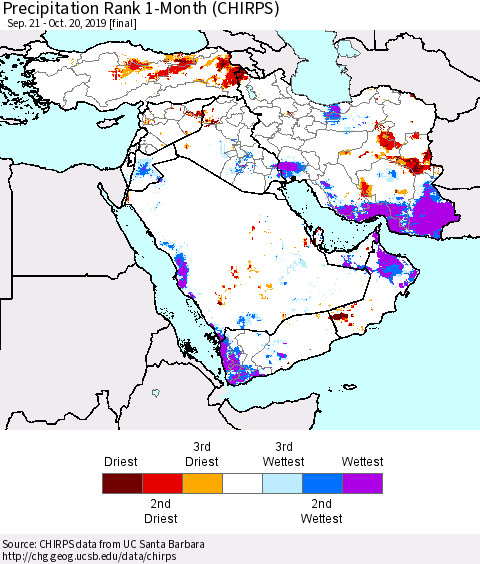 Middle East and Turkey Precipitation Rank since 1981, 1-Month (CHIRPS) Thematic Map For 9/21/2019 - 10/20/2019