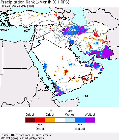 Middle East and Turkey Precipitation Rank since 1981, 1-Month (CHIRPS) Thematic Map For 9/26/2019 - 10/25/2019