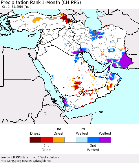 Middle East and Turkey Precipitation Rank since 1981, 1-Month (CHIRPS) Thematic Map For 10/1/2019 - 10/31/2019