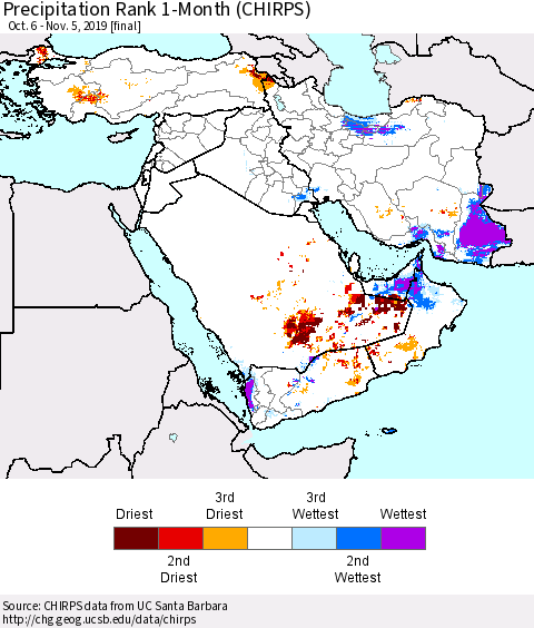 Middle East and Turkey Precipitation Rank since 1981, 1-Month (CHIRPS) Thematic Map For 10/6/2019 - 11/5/2019