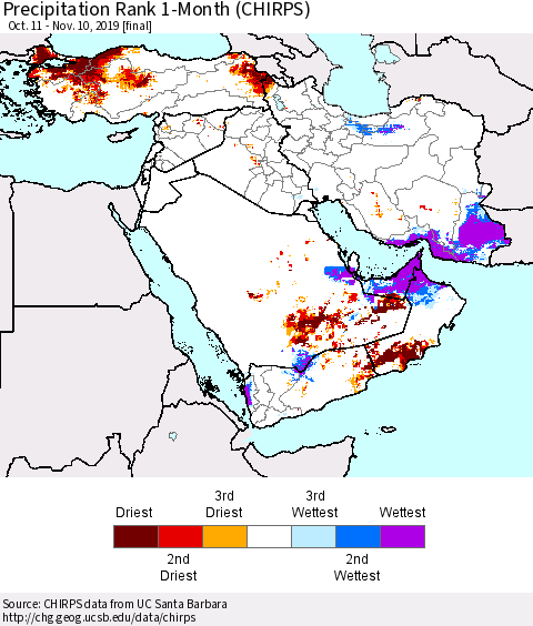 Middle East and Turkey Precipitation Rank since 1981, 1-Month (CHIRPS) Thematic Map For 10/11/2019 - 11/10/2019