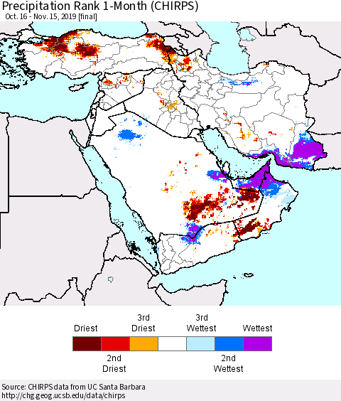 Middle East and Turkey Precipitation Rank since 1981, 1-Month (CHIRPS) Thematic Map For 10/16/2019 - 11/15/2019