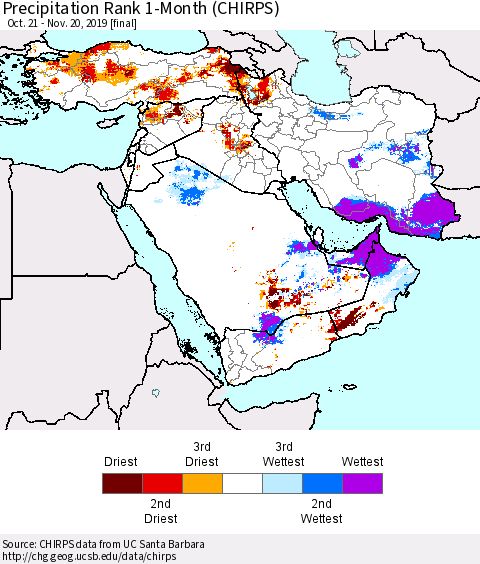 Middle East and Turkey Precipitation Rank since 1981, 1-Month (CHIRPS) Thematic Map For 10/21/2019 - 11/20/2019