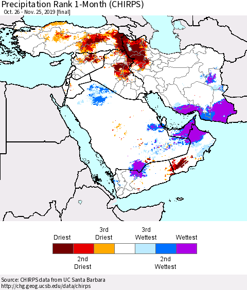 Middle East and Turkey Precipitation Rank since 1981, 1-Month (CHIRPS) Thematic Map For 10/26/2019 - 11/25/2019