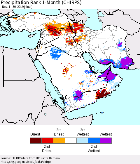 Middle East and Turkey Precipitation Rank since 1981, 1-Month (CHIRPS) Thematic Map For 11/1/2019 - 11/30/2019
