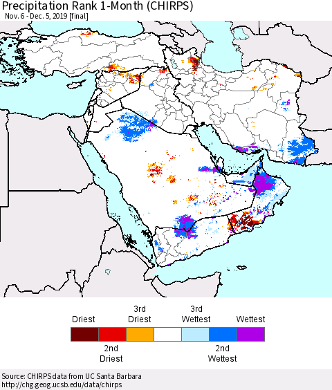 Middle East and Turkey Precipitation Rank since 1981, 1-Month (CHIRPS) Thematic Map For 11/6/2019 - 12/5/2019