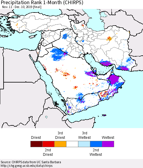 Middle East and Turkey Precipitation Rank since 1981, 1-Month (CHIRPS) Thematic Map For 11/11/2019 - 12/10/2019