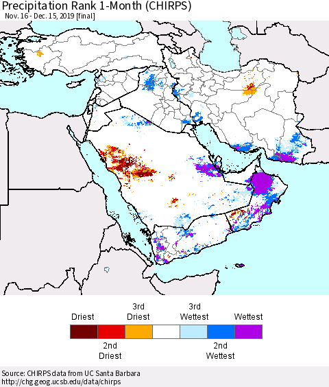 Middle East and Turkey Precipitation Rank since 1981, 1-Month (CHIRPS) Thematic Map For 11/16/2019 - 12/15/2019