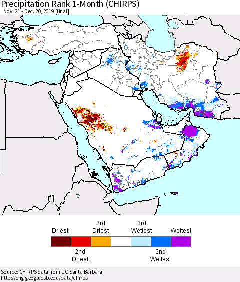 Middle East and Turkey Precipitation Rank since 1981, 1-Month (CHIRPS) Thematic Map For 11/21/2019 - 12/20/2019