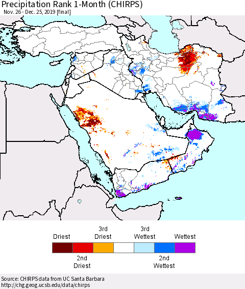 Middle East and Turkey Precipitation Rank since 1981, 1-Month (CHIRPS) Thematic Map For 11/26/2019 - 12/25/2019