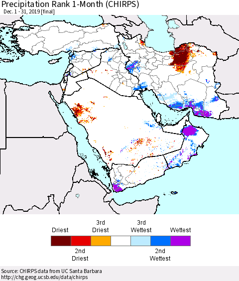 Middle East and Turkey Precipitation Rank since 1981, 1-Month (CHIRPS) Thematic Map For 12/1/2019 - 12/31/2019