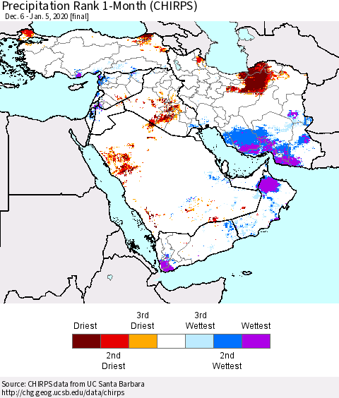 Middle East and Turkey Precipitation Rank since 1981, 1-Month (CHIRPS) Thematic Map For 12/6/2019 - 1/5/2020