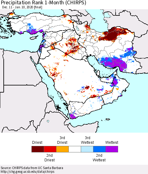 Middle East and Turkey Precipitation Rank since 1981, 1-Month (CHIRPS) Thematic Map For 12/11/2019 - 1/10/2020
