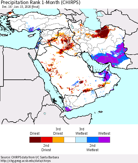 Middle East and Turkey Precipitation Rank since 1981, 1-Month (CHIRPS) Thematic Map For 12/16/2019 - 1/15/2020