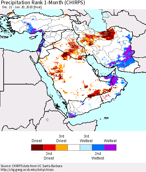 Middle East and Turkey Precipitation Rank since 1981, 1-Month (CHIRPS) Thematic Map For 12/21/2019 - 1/20/2020
