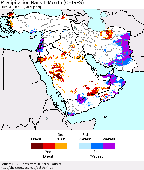 Middle East and Turkey Precipitation Rank since 1981, 1-Month (CHIRPS) Thematic Map For 12/26/2019 - 1/25/2020