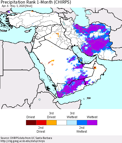 Middle East and Turkey Precipitation Rank since 1981, 1-Month (CHIRPS) Thematic Map For 4/6/2020 - 5/5/2020