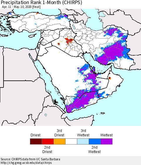 Middle East and Turkey Precipitation Rank since 1981, 1-Month (CHIRPS) Thematic Map For 4/11/2020 - 5/10/2020