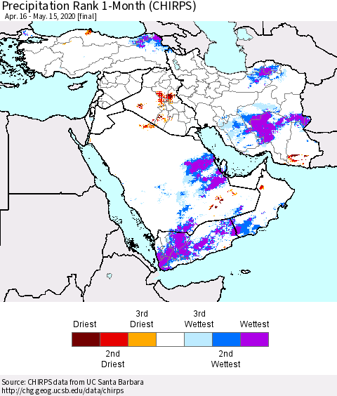Middle East and Turkey Precipitation Rank since 1981, 1-Month (CHIRPS) Thematic Map For 4/16/2020 - 5/15/2020
